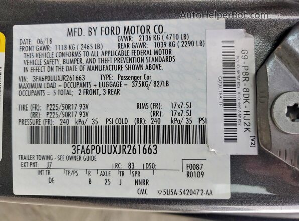 3FA6P0UUXJR261663 2018 FORD FUSION Серый Вид наклейки с VIN-кодом