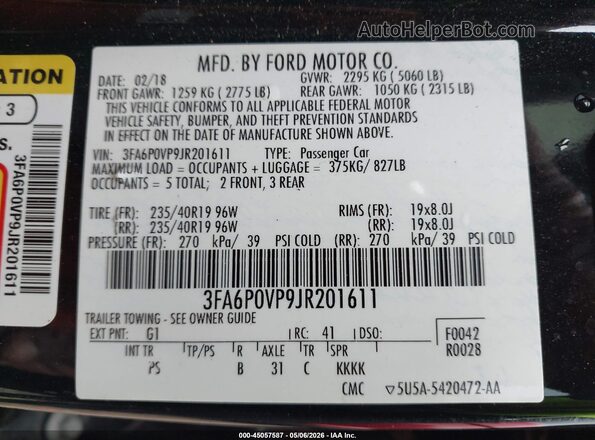 3FA6P0VP9JR201611 2018 FORD FUSION Черный Вид подкапотного пространства