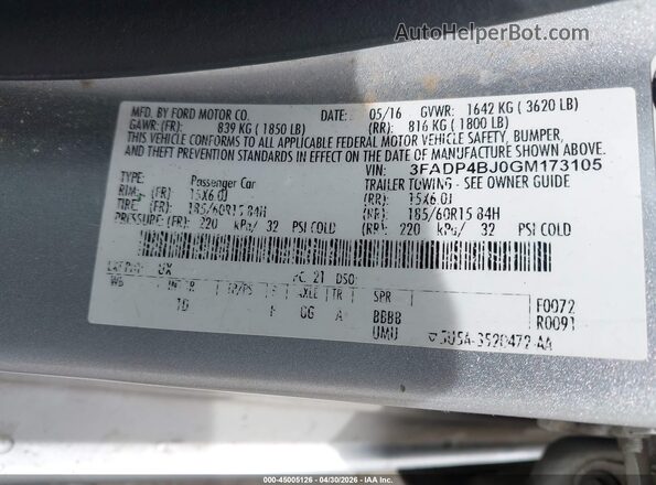 3FADP4BJ0GM173105 2016 FORD FIESTA Серебряный Вид подкапотного пространства
