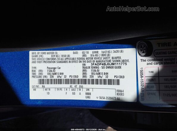 3FADP4BJ0JM111775 2018 FORD FIESTA Blue Vista del compartimento del motor