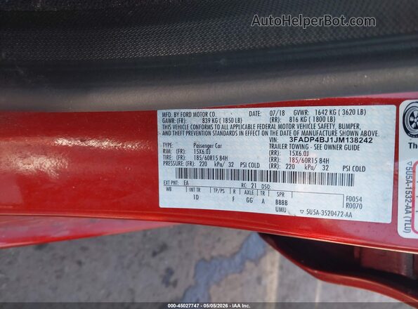 3FADP4BJ1JM138242 2018 FORD FIESTA Красный Вид подкапотного пространства