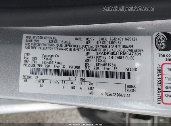 3FADP4BJ1KM147301 2019 FORD FIESTA Silver Widok komory silnika