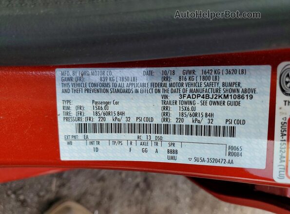 3FADP4BJ2KM108619 2019 FORD FIESTA Оранжевый Вид наклейки с VIN-кодом