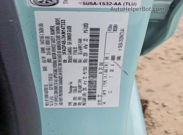 3FADP4BJ3KM147333 2019 FORD FIESTA Turquoise Vista del compartimento del motor
