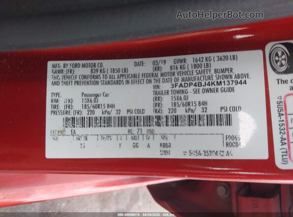 3FADP4BJ4KM137944 2019 FORD FIESTA Maroon Vista del compartimento del motor