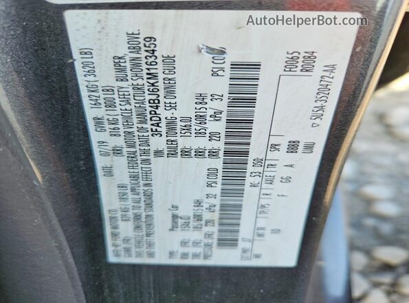 3FADP4BJ6KM163459 2019 FORD FIESTA Серый Вид подкапотного пространства