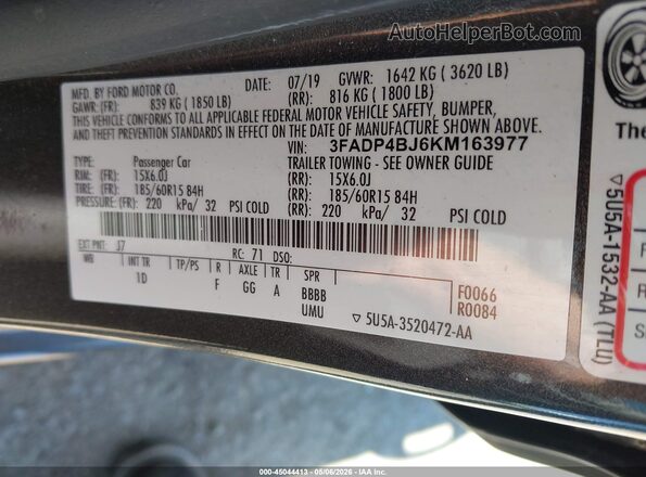 3FADP4BJ6KM163977 2019 FORD FIESTA Серый Вид подкапотного пространства