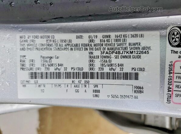 3FADP4BJ7KM122645 2019 FORD FIESTA Серебряный Вид подкапотного пространства