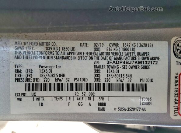 3FADP4BJ7KM132172 2019 FORD FIESTA Серебряный Вид подкапотного пространства