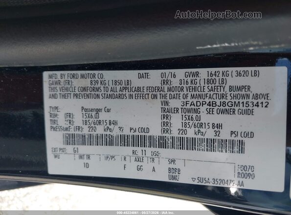3FADP4BJ8GM153412 2016 FORD FIESTA Черный Вид подкапотного пространства