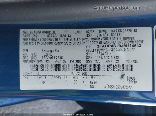 3FADP4BJ9JM114643 2018 FORD FIESTA Blue Вид підкапотного простору