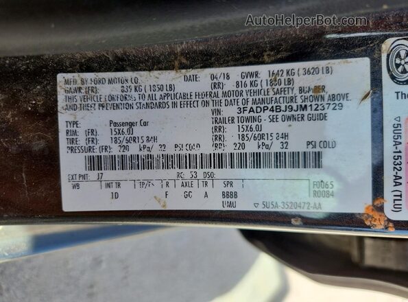 3FADP4BJ9JM123729 2018 FORD FIESTA Charcoal VIN კოდის სტიკერის ხედი