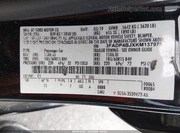 3FADP4BJXKM137978 2019 FORD FIESTA Черный Вид подкапотного пространства