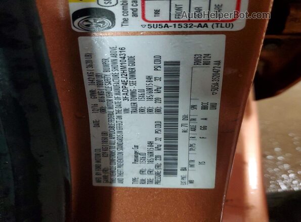 3FADP4EJ2HM104316 2017 FORD FIESTA Orange Vista de la etiqueta del VIN