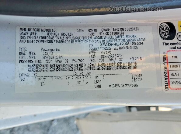 3FADP4EJ2JM108534 2018 FORD FIESTA Белый Вид наклейки с VIN-кодом