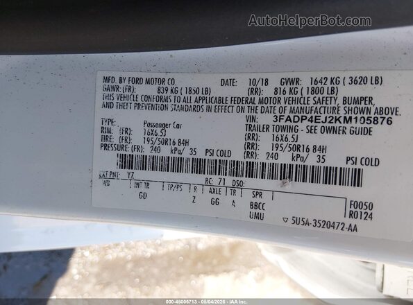 3FADP4EJ2KM105876 2019 FORD FIESTA Белый Вид подкапотного пространства