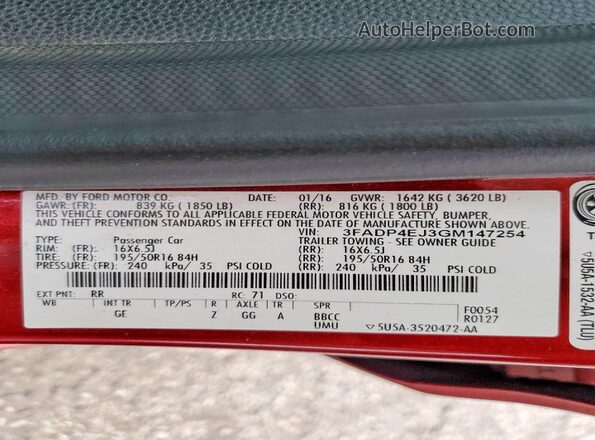 3FADP4EJ3GM147254 2016 FORD FIESTA Красный Вид подкапотного пространства