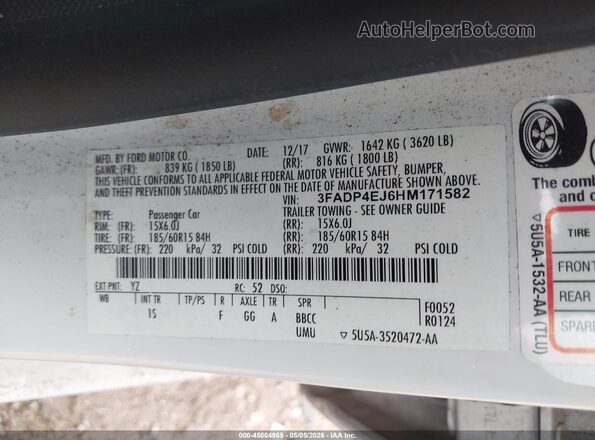3FADP4EJ6HM171582 2017 FORD FIESTA Белый Вид подкапотного пространства