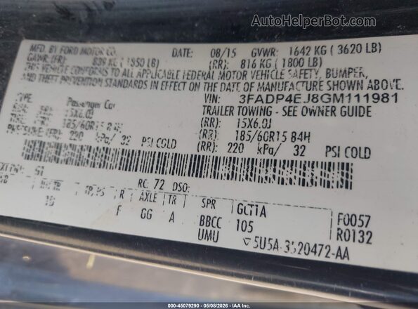 3FADP4EJ8GM111981 2016 FORD FIESTA Черный Вид подкапотного пространства