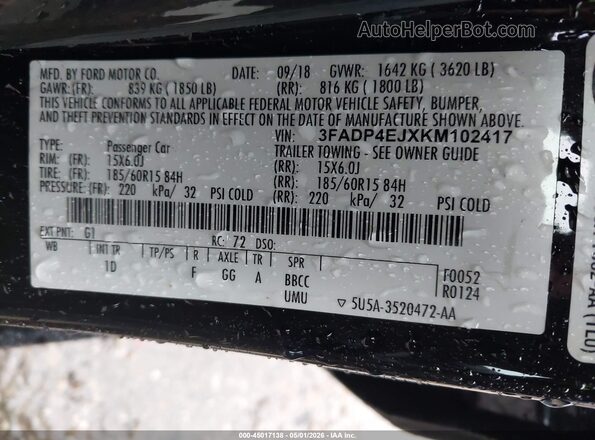 3FADP4EJXKM102417 2019 FORD FIESTA Black Vista del compartimento del motor