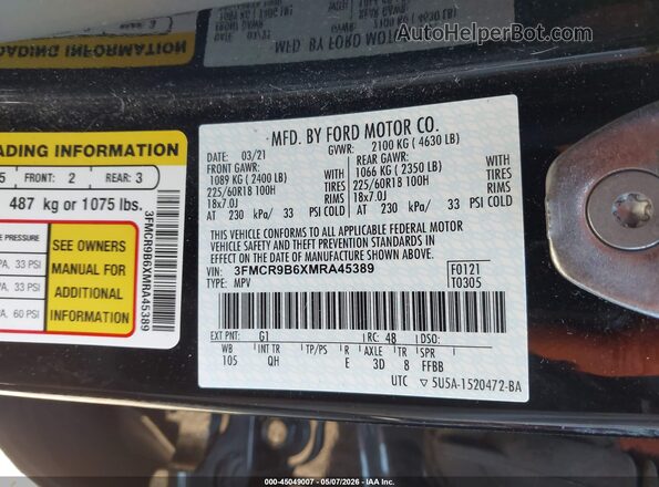 3FMCR9B6XMRA45389 2021 FORD BRONCO SPORT Черный Вид подкапотного пространства