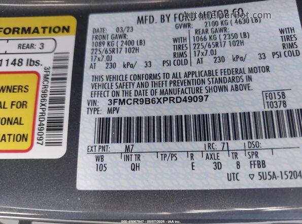 3FMCR9B6XPRD49097 2023 FORD BRONCO SPORT Серый Вид подкапотного пространства