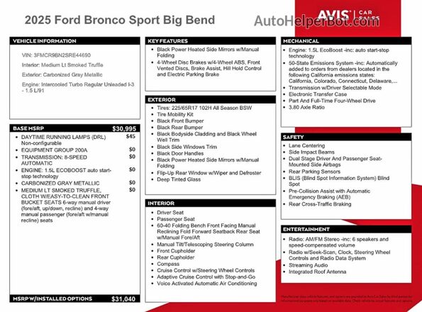 3FMCR9BN2SRE44690 2025 FORD BRONCO Серый Вид наклейки с VIN-кодом
