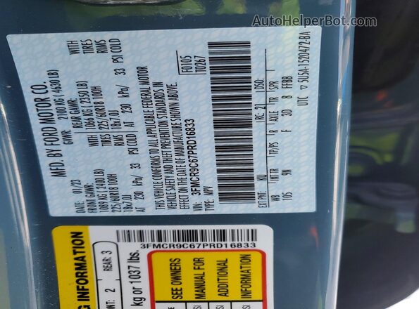 3FMCR9C67PRD16833 2023 FORD BRONCO Blue VIN კოდის სტიკერის ხედი