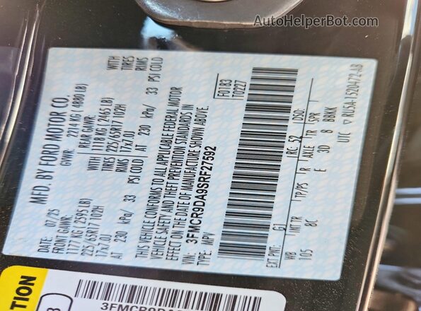 3FMCR9DA9SRF27592 2025 FORD BRONCO Черный Вид наклейки с VIN-кодом