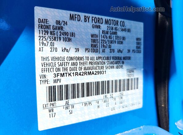 3FMTK1R42RMA29931 2024 FORD MUSTANG Синий Вид наклейки с VIN-кодом