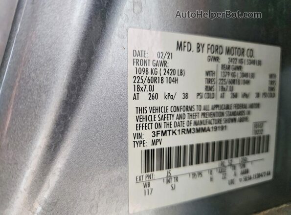 3FMTK1RM3MMA19191 2021 FORD MUSTANG Серебряный Вид наклейки с VIN-кодом