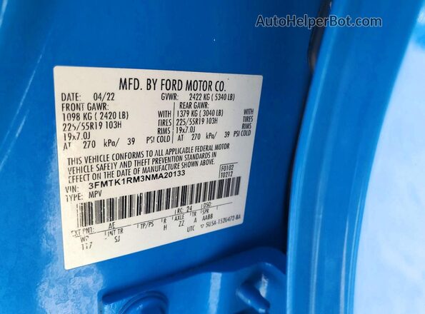 3FMTK1RM3NMA20133 2022 FORD MUSTANG Синий Вид наклейки с VIN-кодом