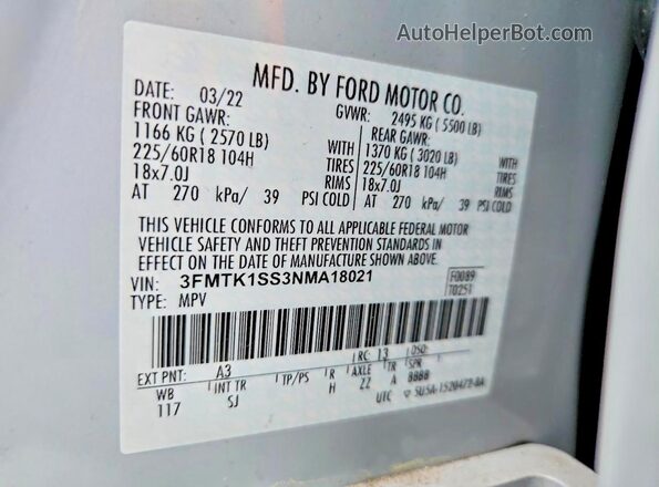3FMTK1SS3NMA18021 2022 FORD MUSTANG Серый Вид наклейки с VIN-кодом