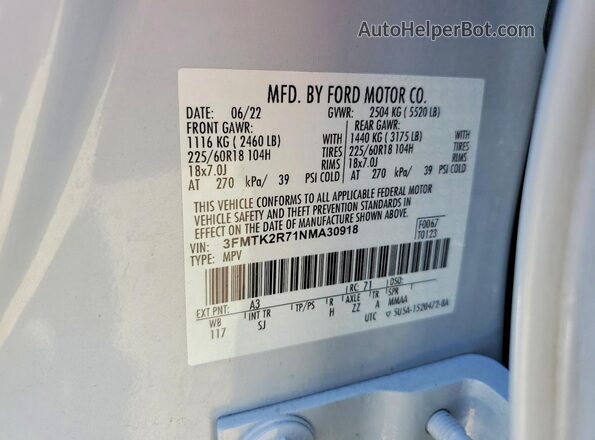3FMTK2R71NMA30918 2022 FORD MUSTANG White 