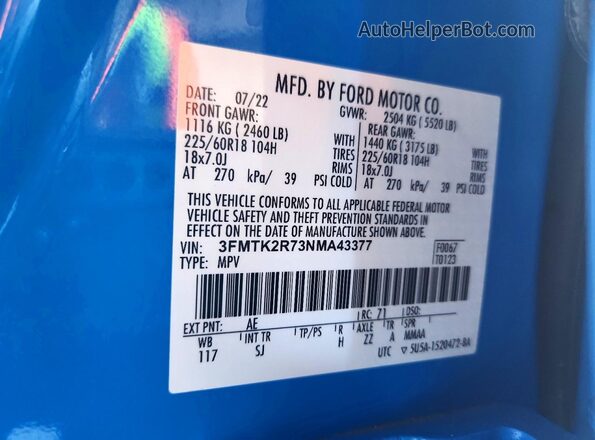 3FMTK2R73NMA43377 2022 FORD MUSTANG Blue Vista de la etiqueta del VIN