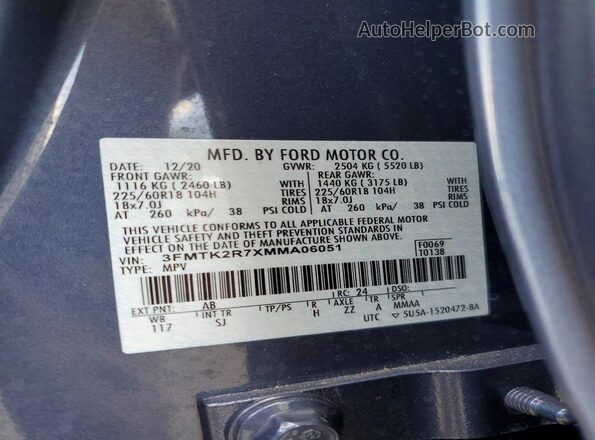 3FMTK2R7XMMA06051 2021 FORD MUSTANG Blue VIN კოდის სტიკერის ხედი