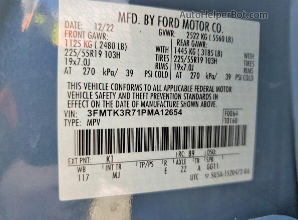 3FMTK3R71PMA12654 2023 FORD MUSTANG Blue Vista de la etiqueta del VIN