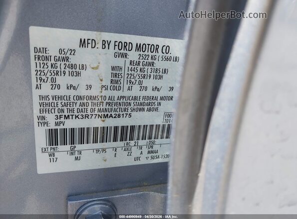 3FMTK3R77NMA28175 2022 FORD MUSTANG MACH-E PREMI Light Blue Вид подкапотного пространства
