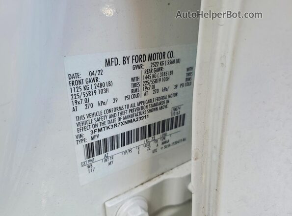 3FMTK3R7XNMA23911 2022 FORD MUSTANG Белый Панорамный вид салона 360°