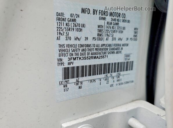 3FMTK3S52RMA25571 2024 FORD MUSTANG White ძრავის განყოფილების ხედი