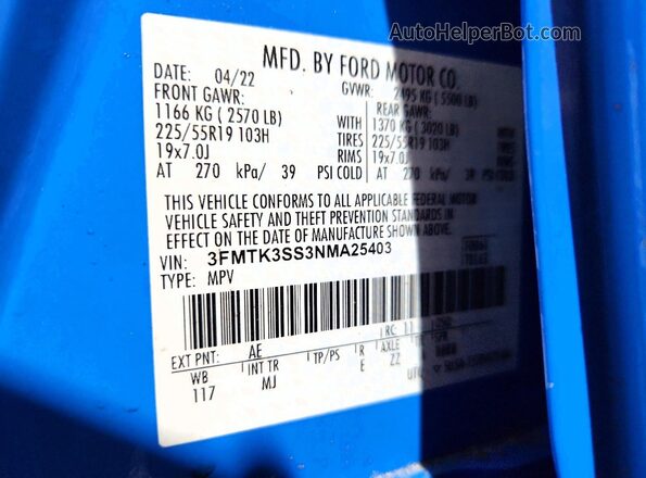 3FMTK3SS3NMA25403 2022 FORD MUSTANG Синий Панорамный вид салона 360°