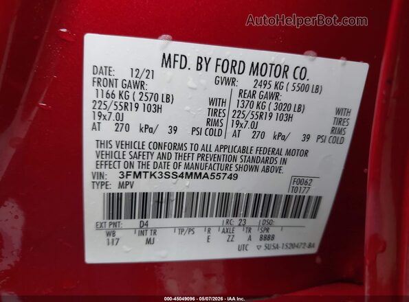 3FMTK3SS4MMA55749 2021 FORD MUSTANG MACH-E PREMI Красный Вид подкапотного пространства