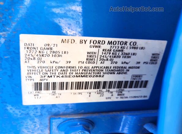 3FMTK4SE0MME02882 2021 FORD MUSTANG Blue Вид підкапотного простору