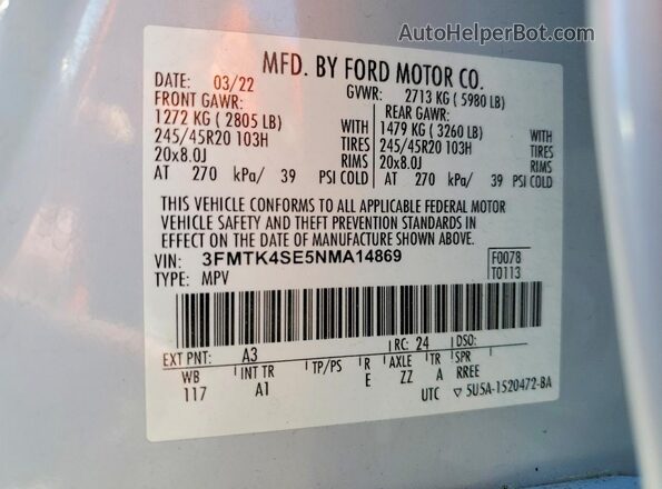 3FMTK4SE5NMA14869 2022 FORD MUSTANG Белый Вид наклейки с VIN-кодом
