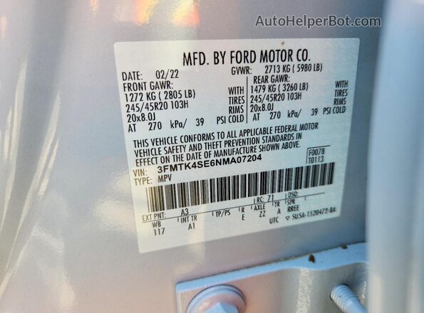 3FMTK4SE6NMA07204 2022 FORD MUSTANG Серый Панорамный вид салона 360°