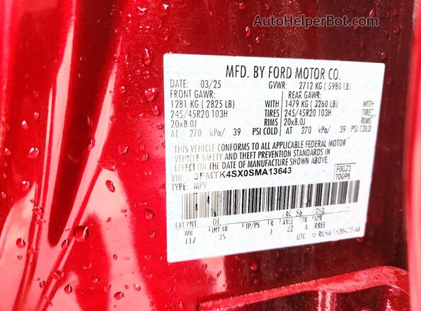 3FMTK4SX0SMA13643 2025 FORD MUSTANG Темно-бордовый Панорамный вид салона 360°