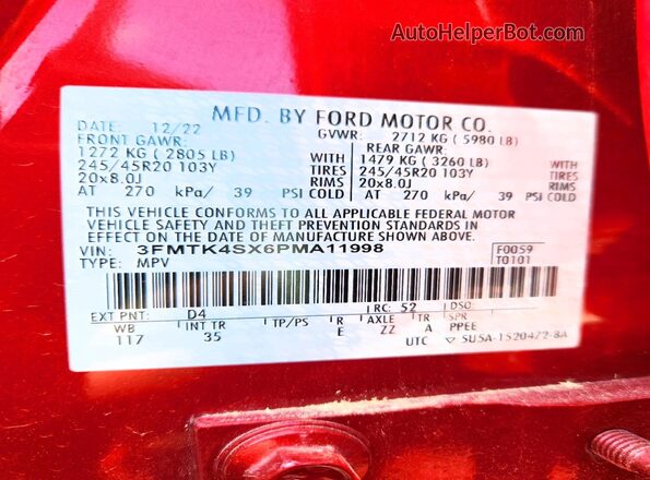 3FMTK4SX6PMA11998 2023 FORD MUSTANG Красный Вид наклейки с VIN-кодом