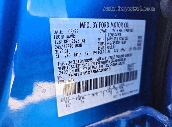 3FMTK4SX7SMA09010 2025 FORD MUSTANG Blue Вид наклейки з VIN-кодом