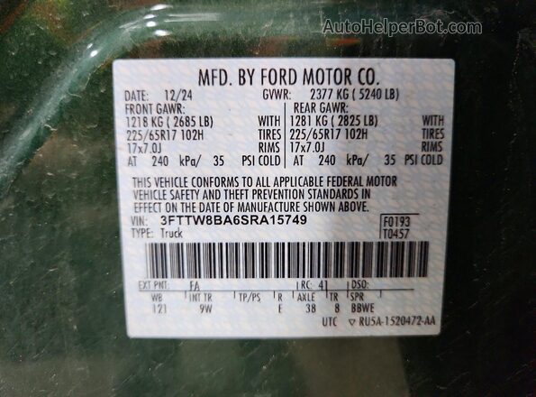 3FTTW8BA6SRA15749 2025 FORD MAVERICK Green Vista del compartimento del motor