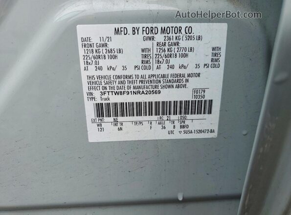 3FTTW8F91NRA20569 2022 FORD MAVERICK Gray Вид наклейки з VIN-кодом
